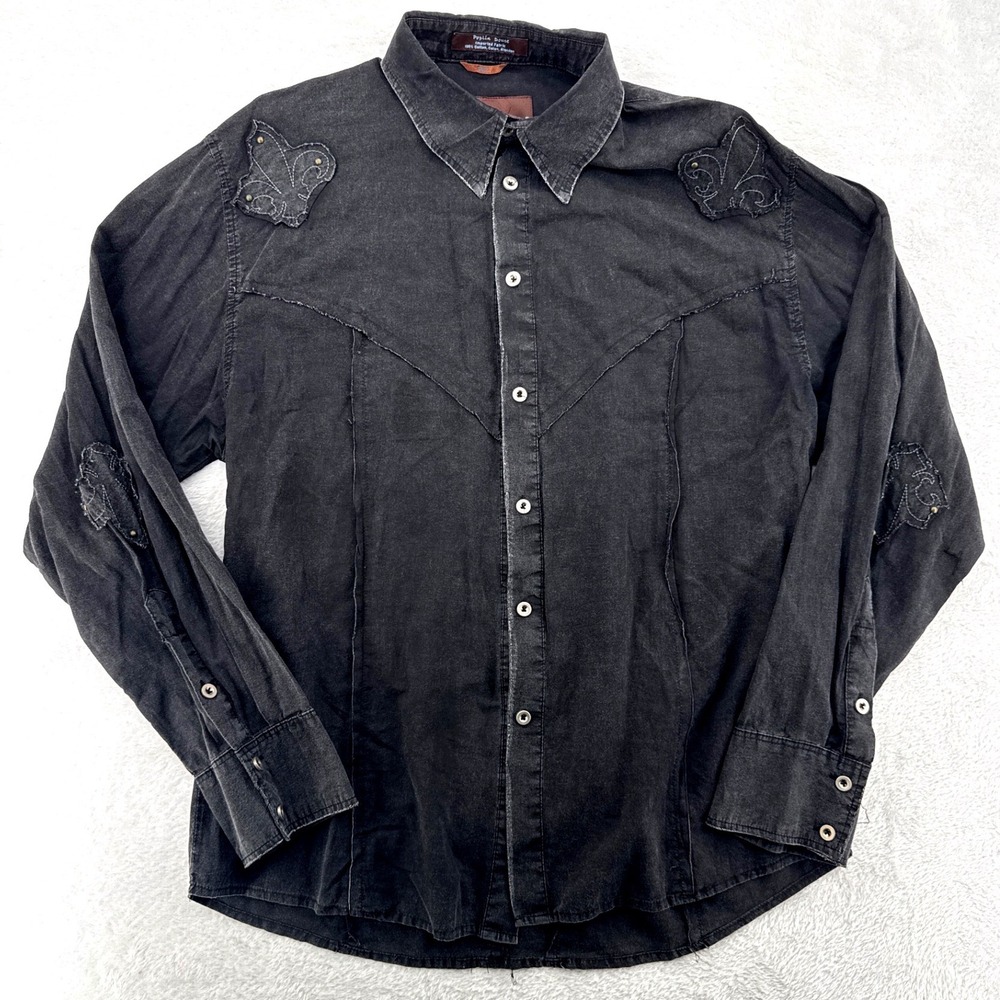 Roar Mens Button Down Shirt XXL Black Western Imperium Fleur De Lis Y2K Rocker